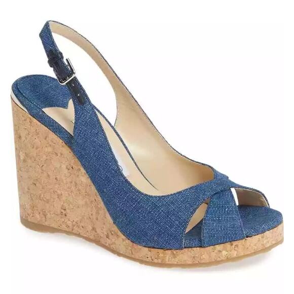 Jimmy Choo Amely Peep Toe Slingback Wedge Sandals Denim
